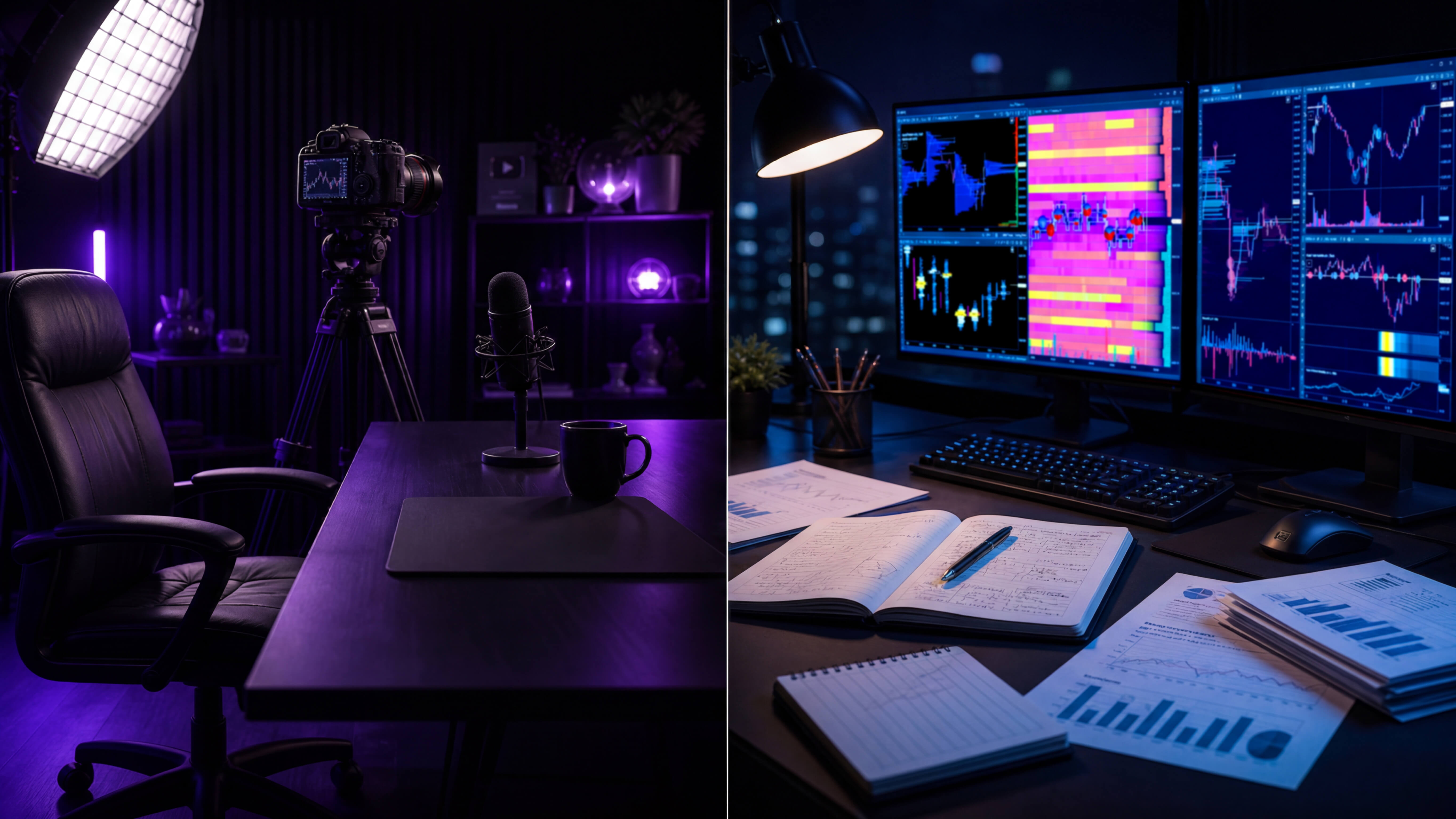 Creator path split between YouTube presenter studio and expert blog author analysis workspace