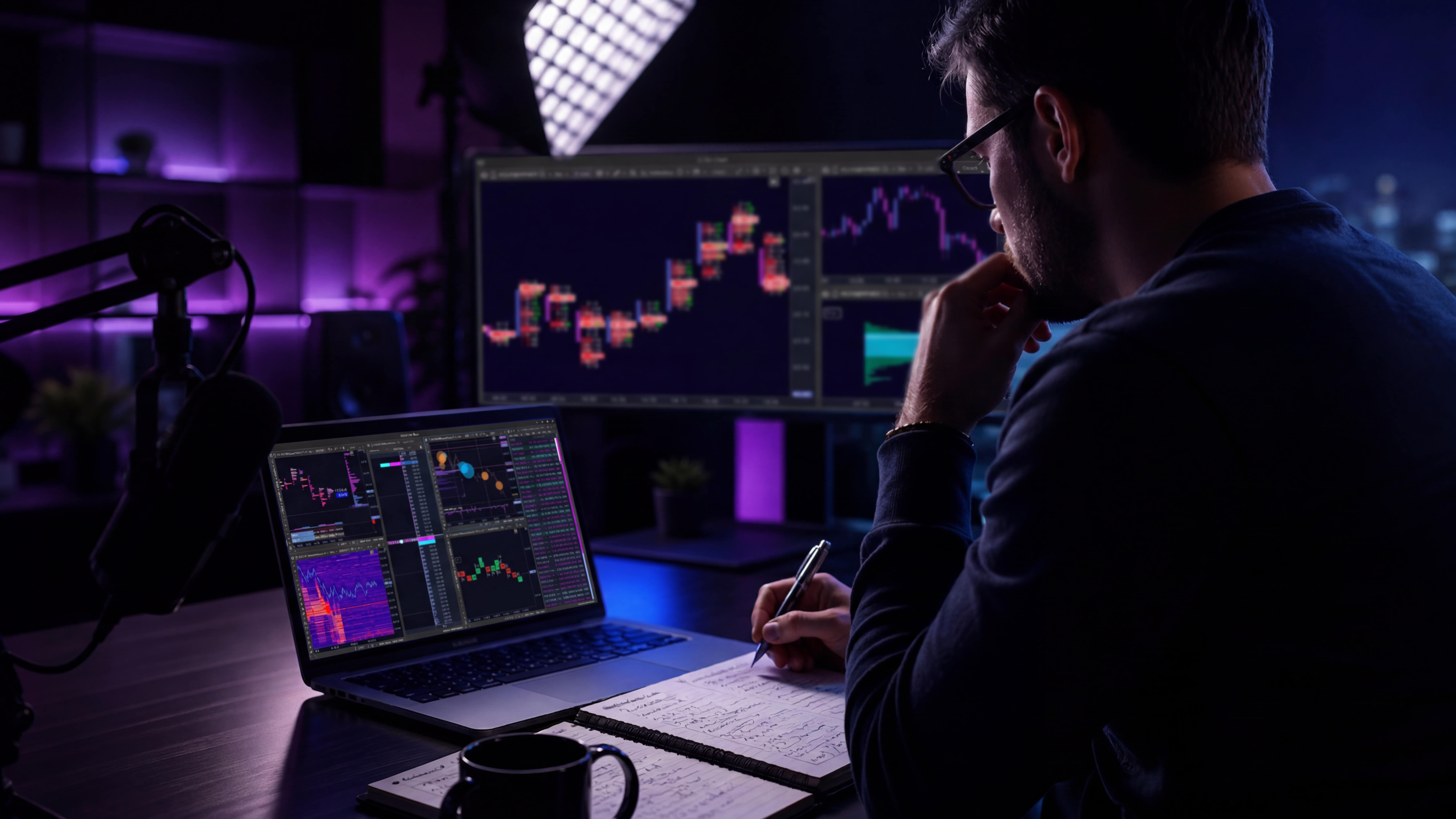 Creator workspace with market analysis content production setup
