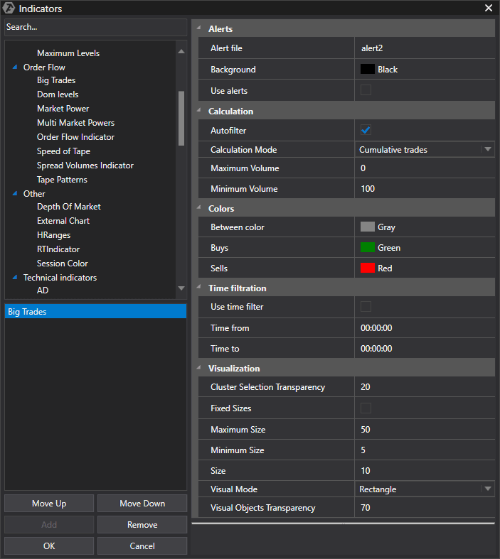 Big Trades Indicator settings