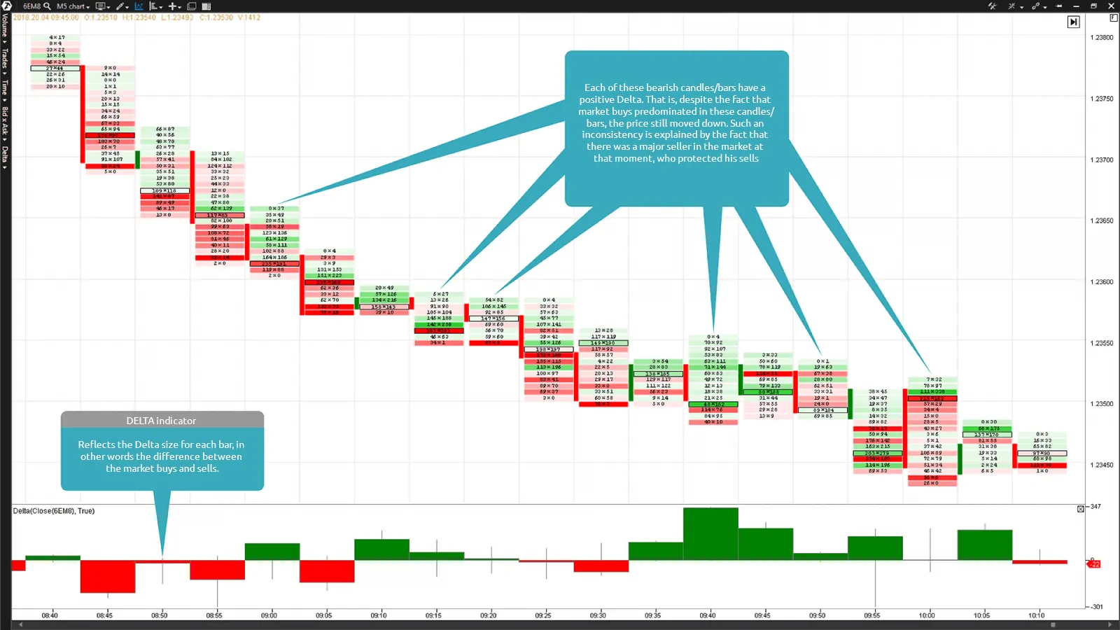 The Bid x Ask Footprint chart and Delta indicator in the lower part of the chart