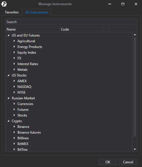 Категории фьючерсов в менеджере инструментов ATAS