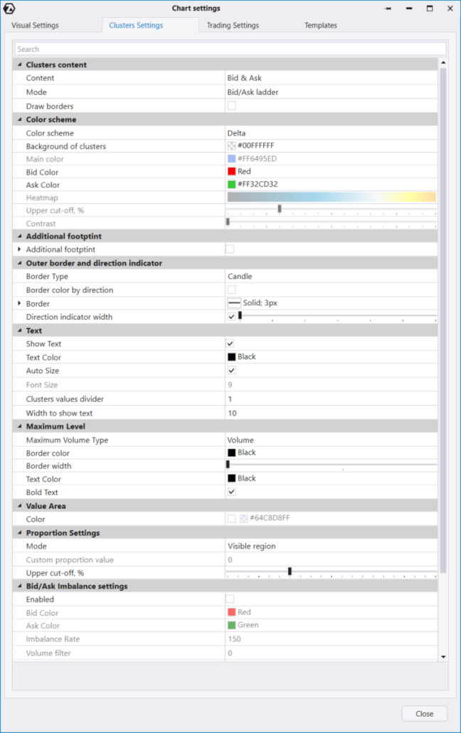 Меню настроек кластерного графика