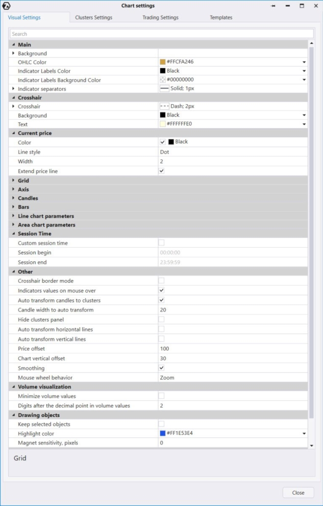 The chart settings manager window