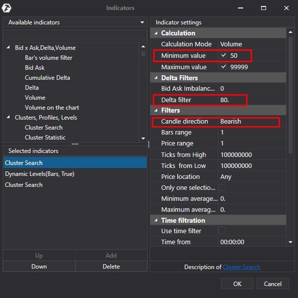 Einstellungen des zweiten „Cluster Search“ Indikators