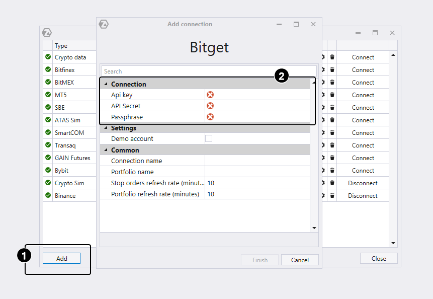 Verbinden von ATAS mit der Bitget-Kryptowährungsbörse
