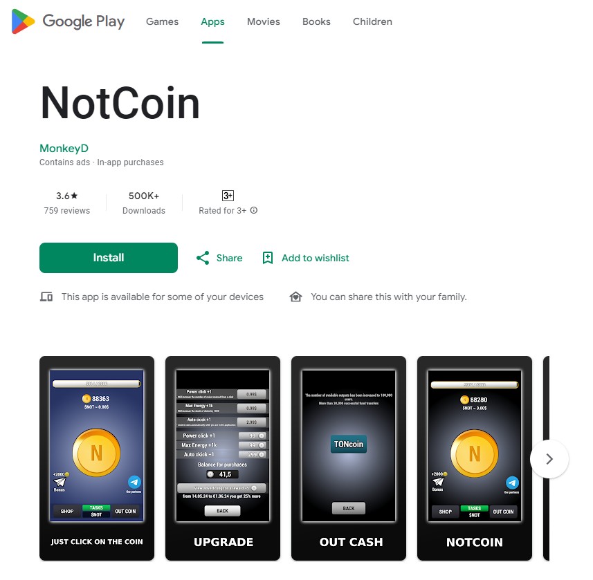 Clone de Notcoin sur le Play Market