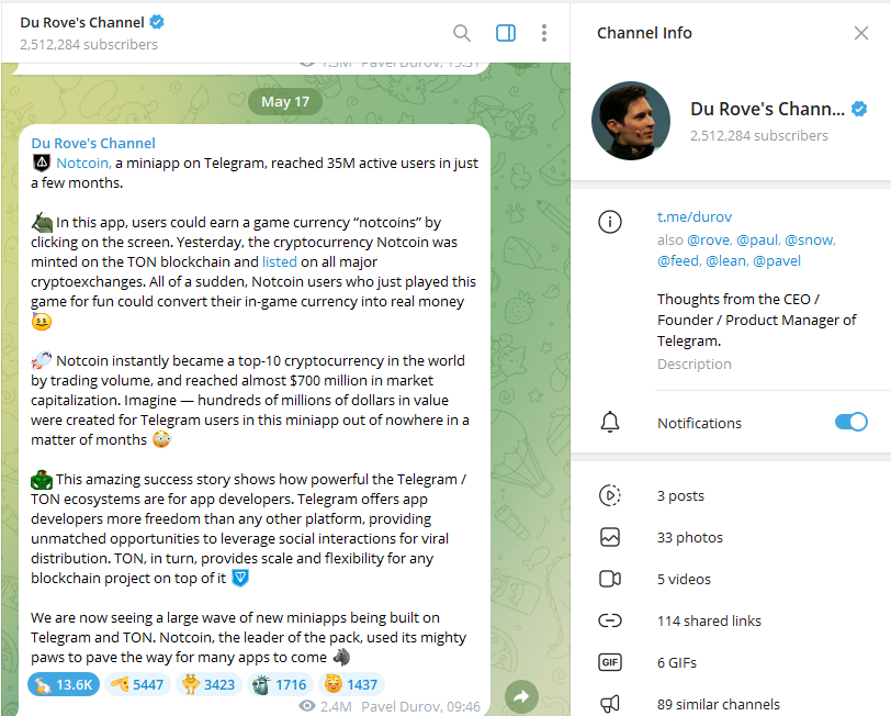 Pavel Durov parle du Notcoin
