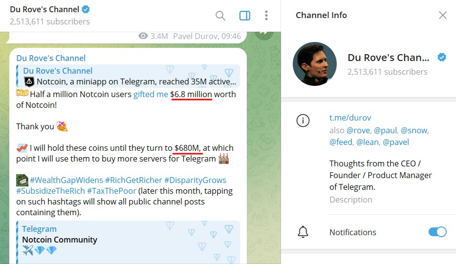 Previsión de Durov sobre el precio de Notcoin