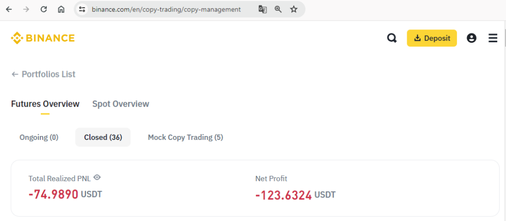 Das Ergebnis des Handels mit Binance Copy Trading-Signalen