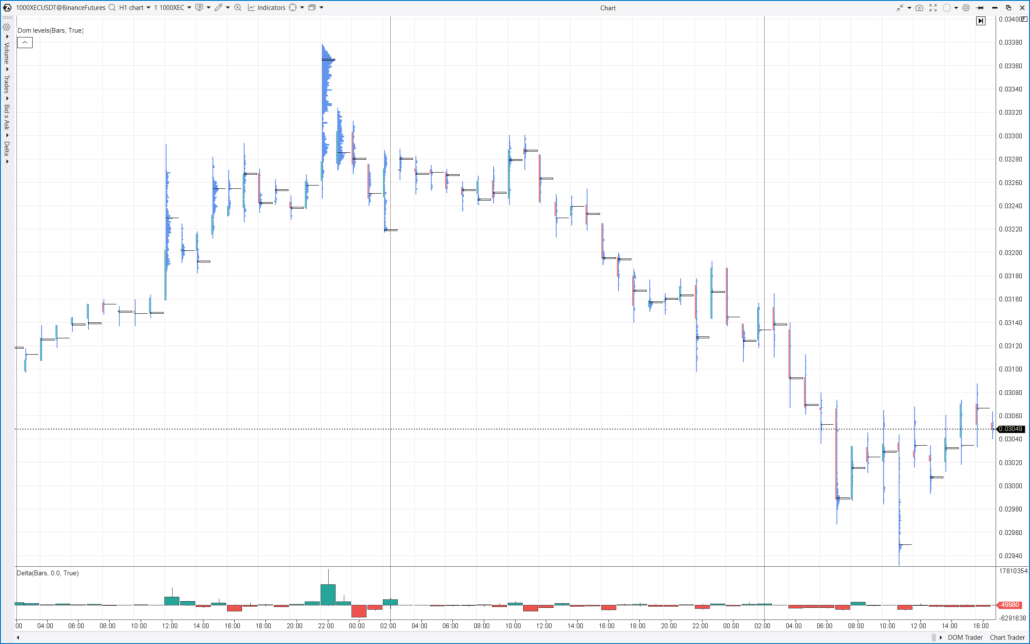 The hourly footprint of the cryptocurrency pair 1000XECUSDT