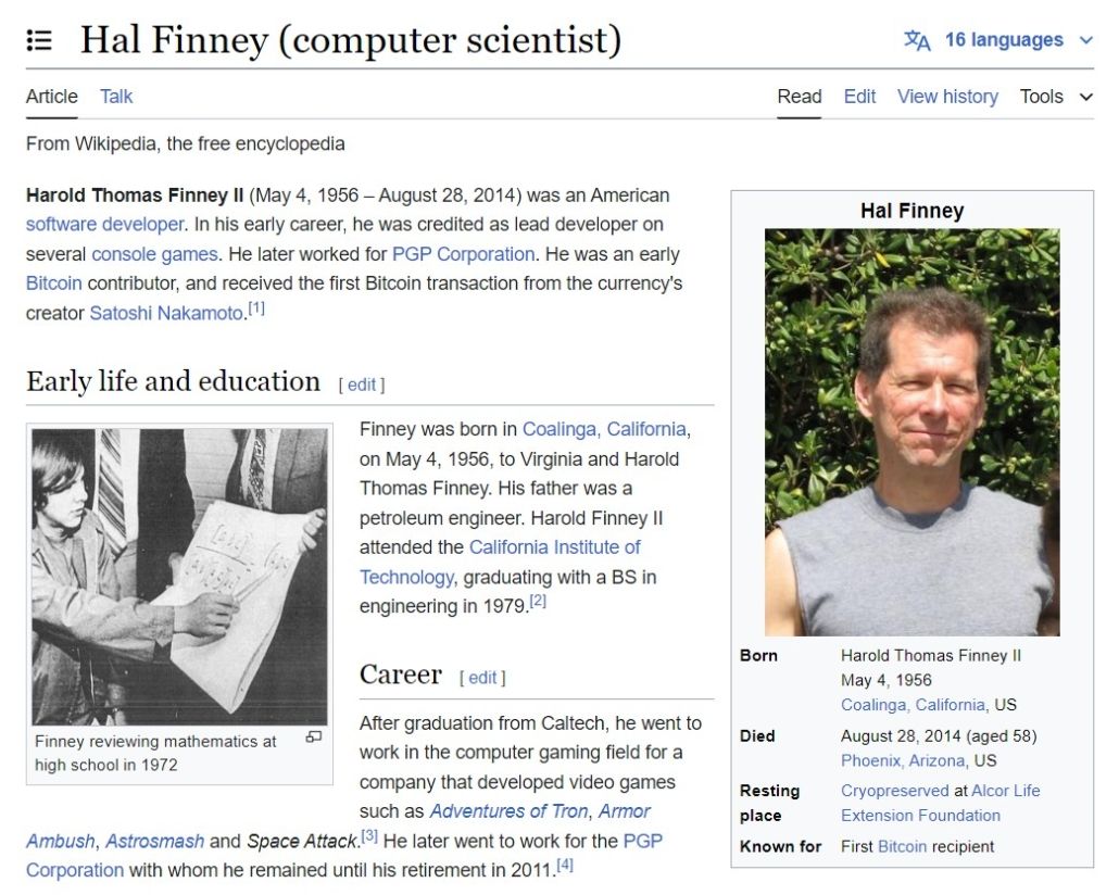 Страница о Хэле Финни с Wikipedia