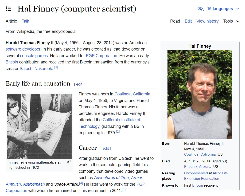 Страница о Хэле Финни с Wikipedia