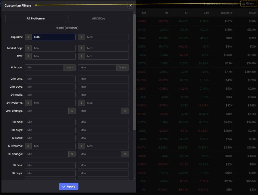DEX Screener filters
