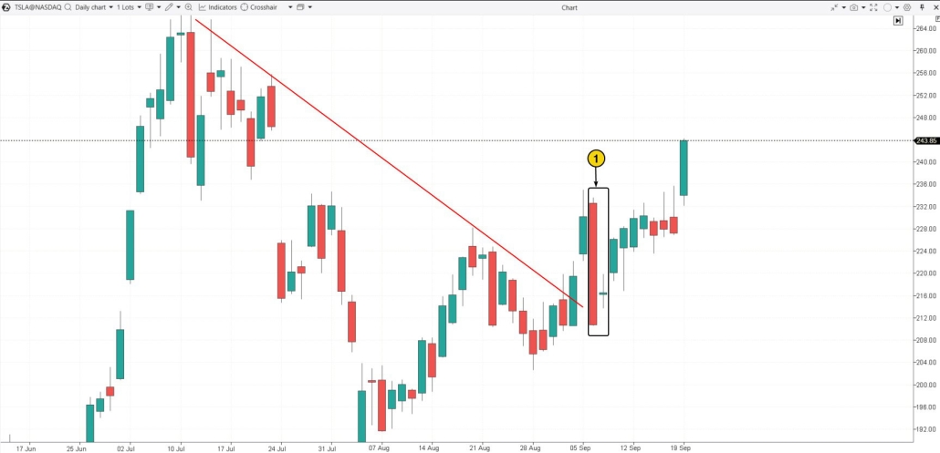 2. An example of a harami cross on the Tesla (TSLA) daily chart