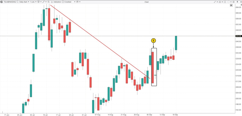 2. Exemple de harami en croix sur le graphique journalier de l'action Tesla (TSLA)