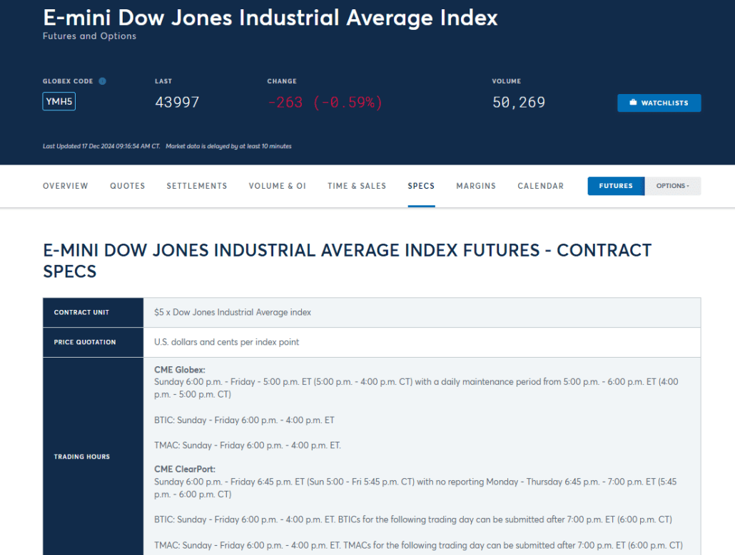 6. Specifications for the Dow Jones futures contract