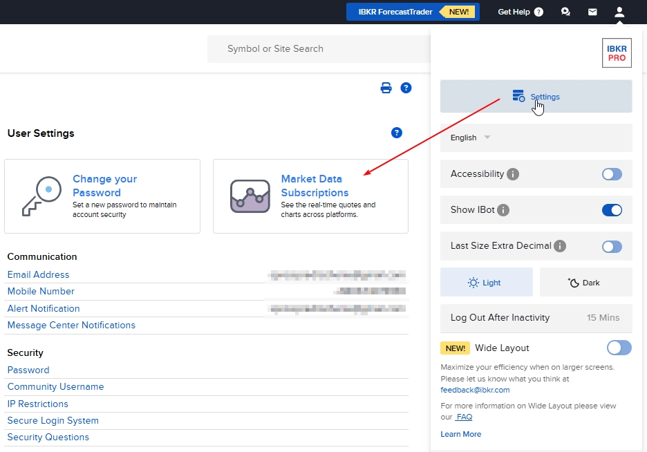IBKR personal account — path to Market Data Subscriptions settings
