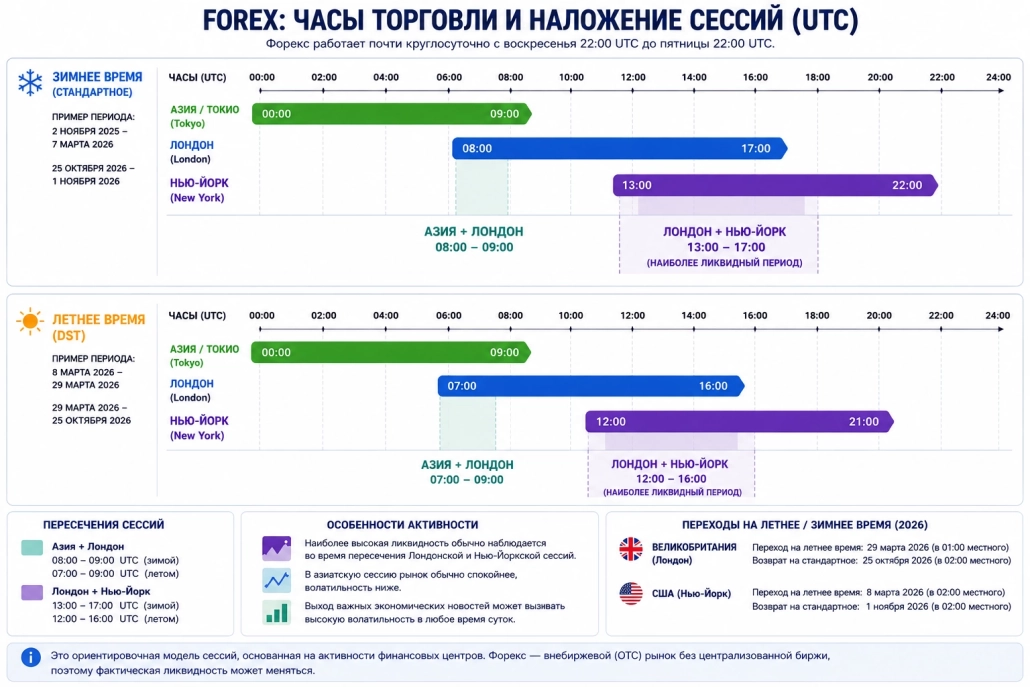 Часы с максимальным объёмом и пересечения торговых сессий